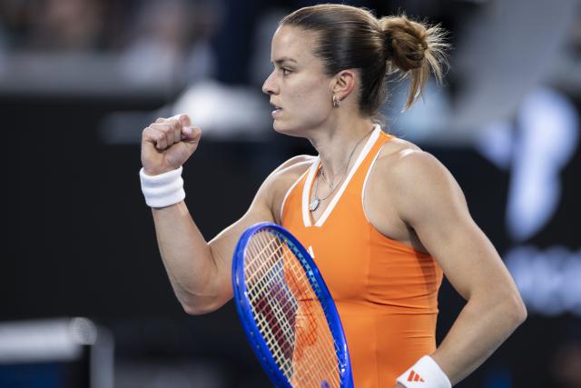 (260121) -- MELBOURNE, Jan. 21, 2026 (Xinhua) -- Maria Sakkari reacts during the women's singles 2nd round match between Mirra Andreeva of Russia and Maria Sakkari of Greece at the Australian Open tennis tournament in Melbourne, Australia, Jan. 21, 2026. (Photo by Hu Jingchen/Xinhua)