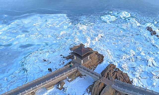 (260121) -- HULUDAO, Jan. 21, 2026 (Xinhua) -- A drone photo taken on Jan. 21, 2026 shows a view over sea ice in Xingcheng of Huludao City, northeast China's Liaoning Province. (Photo by Tian Jia/Xinhua)