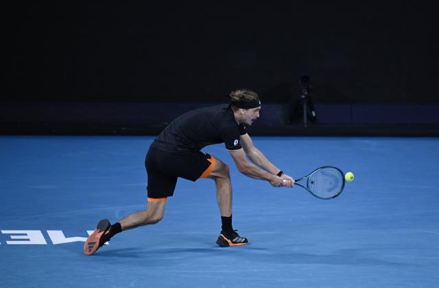 (260121) -- MELBOURNE, Jan. 21, 2026 (Xinhua) -- Alexander Zverev hits a return during the men's singles 2nd round match between Alexander Zverev of Germany and Alexandre Muller of France at the Australian Open tennis tournament in Melbourne, Australia, Jan. 21, 2026. (Photo by Wang Shen/Xinhua)