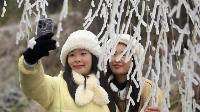 (260121) -- SANJIANG, Jan. 21, 2026 (Xinhua) -- Visitors take selfies with icicles in Sanjiang Dong Autonomous County, south China's Guangxi Zhuang Autonomous Region, Jan. 21, 2026. (Xinhua/Zhang Ailin)