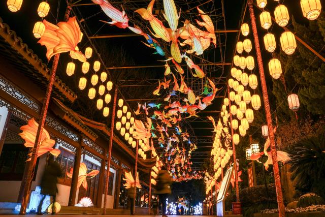 (260121) -- NANJING, Jan. 21, 2026 (Xinhua) -- Tourists view light decorations displayed at the Bailuzhou Park during the 40th Qinhuai Lantern Festival in Nanjing, east China's Jiangsu Province, Jan. 21, 2026. The lighting ceremony of the festival was held at the Bailuzhou Park on Wednesday. The festival can be visited in several exhibition areas near the Qinhuai river in the city of Nanjing. (Xinhua/Li Bo)