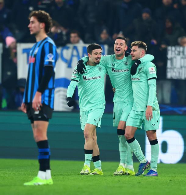 (260122) -- BERGAMO, Jan. 22, 2026 (Xinhua) -- Athletic Club's Gorka Guruzeta (2nd R) celebrates his goal with teammates during the UEFA Champions League match between Atalanta and Athletic Club in Bergamo, Italy, Jan. 21, 2026. (Xinhua)
