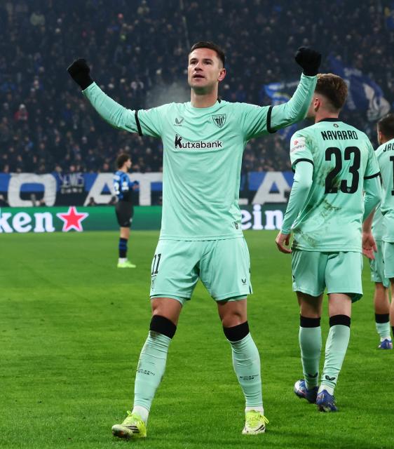 (260122) -- BERGAMO, Jan. 22, 2026 (Xinhua) -- Athletic Club's Gorka Guruzeta celebrates his goal during the UEFA Champions League match between Atalanta and Athletic Club in Bergamo, Italy, Jan. 21, 2026. (Xinhua)