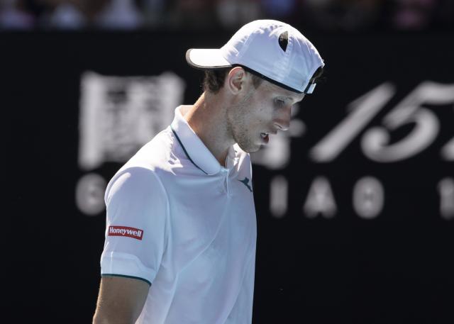 (260122) -- MELBOURNE, Jan. 22, 2026 (Xinhua) -- Francesco Maestrelli reacts during the men's singles 2nd round match between Novak Djokovic of Serbia and Francesco Maestrelli of Italy at the Australian Open tennis tournament in Melbourne, Australia, Jan. 22, 2026. (Photo by Hu Jingchen/Xinhua)