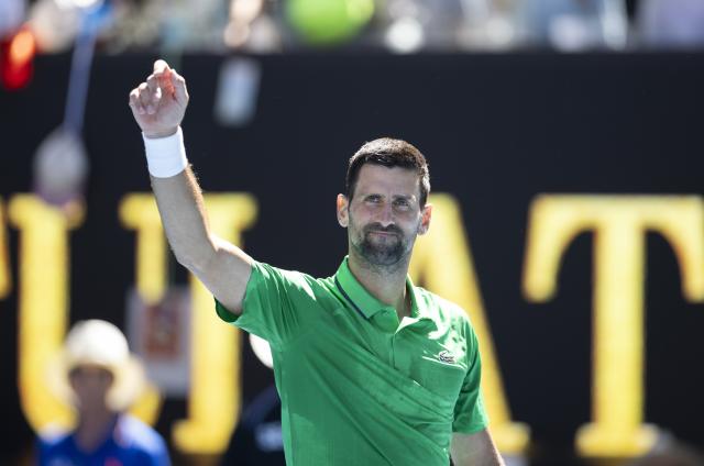 (260122) -- MELBOURNE, Jan. 22, 2026 (Xinhua) -- Novak Djokovic reacts after the men's singles 2nd round match between Novak Djokovic of Serbia and Francesco Maestrelli of Italy at the Australian Open tennis tournament in Melbourne, Australia, Jan. 22, 2026. (Photo by Hu Jingchen/Xinhua)