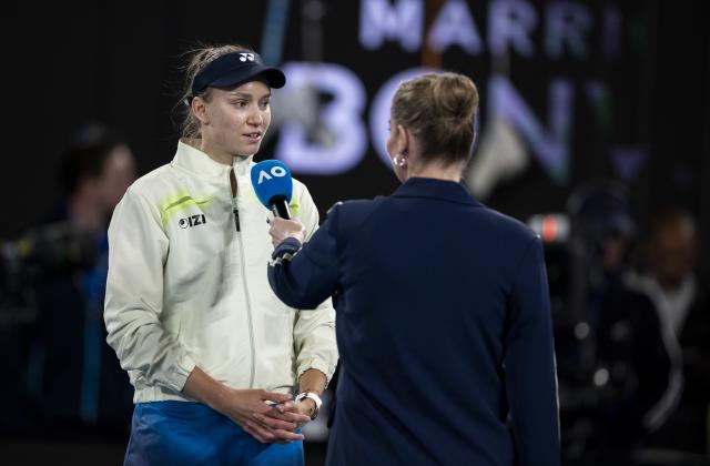 (260122) -- MELBOURNE, Jan. 22, 2026 (Xinhua) -- Elena Rybakina (L) of Kazakhstan gets interviewed after the women's singles 2nd round match between Elena Rybakina of Kazakhstan and Varvara Gracheva of France at the Australian Open tennis tournament in Melbourne, Australia, Jan. 22, 2026. (Photo by Hu Jingchen/Xinhua)