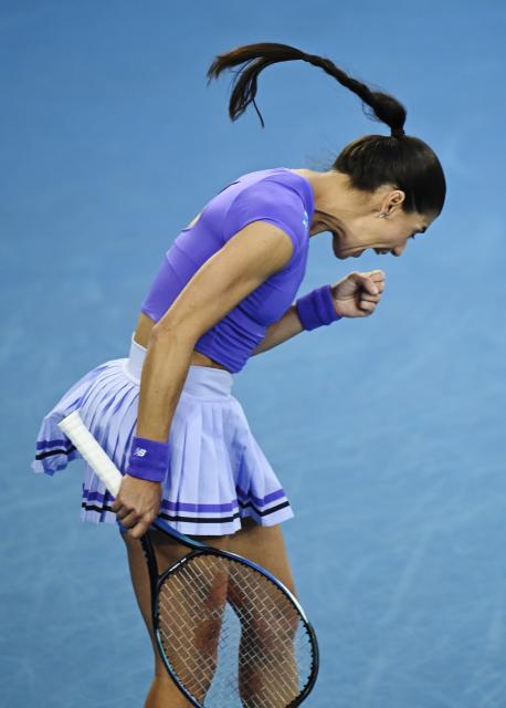 (260122) -- MELBOURNE, Jan. 22, 2026 (Xinhua) -- Sorana Cirstea celebrates scoring during the women's singles 2nd round match between Osaka Naomi of Japan and Sorana Cirstea of Romania at the Australian Open tennis tournament in Melbourne, Australia, Jan. 22, 2026. (Photo by Wang Shen/Xinhua)