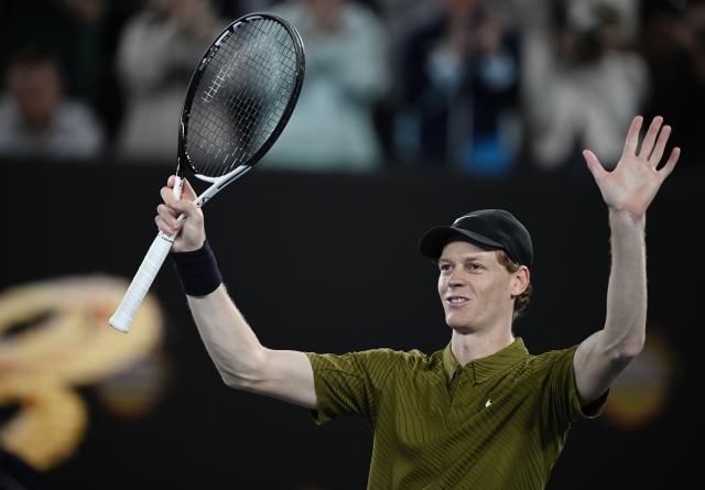 (260122) -- MELBOURNE, Jan. 22, 2026 (Xinhua) -- Jannik Sinner of Italy celebrates winning the men's singles 2nd round match between Jannik Sinner of Italy and James Duckworth of Australia at the Australian Open tennis tournament in Melbourne, Australia, Jan. 22, 2026. (Photo by Wang Shen/Xinhua)