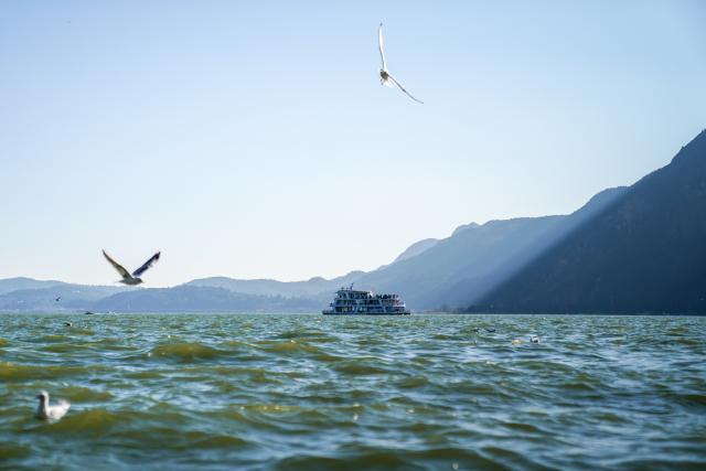(260122) -- KUNMING, Jan. 22, 2026 (Xinhua) -- People take a sightseeing ferry on the Dianchi Lake in Kunming City, southwest China's Yunnan Province, Jan. 22, 2026. The water quality in Dianchi Lake has been maintaining on high quality level for eight consecutive years, according to the Dianchi Lake administration bureau. (Xinhua/Peng Yikai)