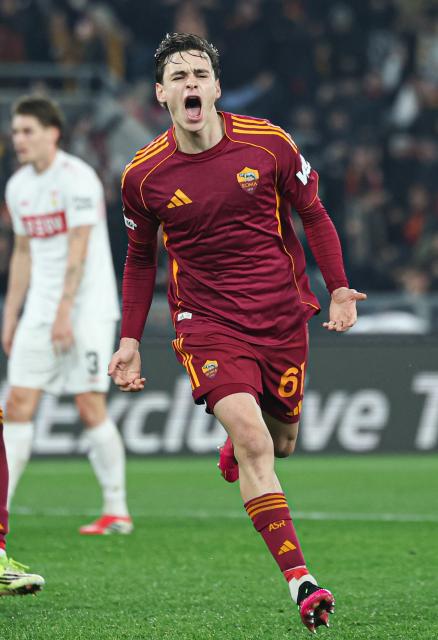(260123) -- ROME, Jan. 23, 2026 (Xinhua) -- Roma's Niccolo Pisilli celebrates his first goal during the UEFA Europa League 2025/26 league phase match between Roma and Stuttgart of the UEFA Europa League in Rome, Italy, Jan. 22, 2026. (Xinhua/Li Jing)
