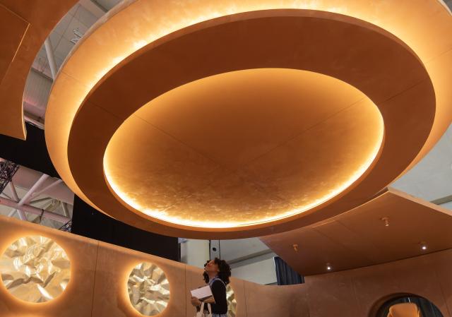 (260123) -- TORONTO, Jan. 23, 2026 (Xinhua) -- A woman looks up at a ceiling light during the Interior Design Show in Toronto, Canada, Jan. 22, 2026. The annual event kicked off here on Thursday and will run until Jan. 25. (Photo by Zou Zheng/Xinhua)