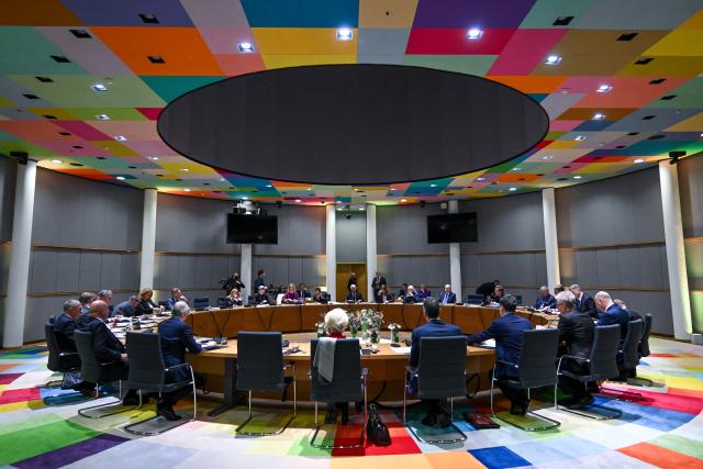 (260123) -- BRUSSELS, Jan. 23, 2026 (Xinhua) -- This photo taken on Jan. 22, 2026 shows a European Council emergency summit in Brussels, Belgium. Leaders of European Union (EU) member states held an emergency summit in Brussels on Thursday night to discuss U.S. threats related to Greenland and assess possible next measures. (EU/Handout via Xinhua)