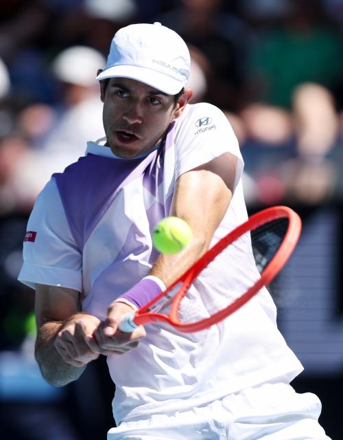 (260123) -- MELBOURNE, Jan. 23, 2026 (Xinhua) -- Nuno Borges of Portugal hits a return during the men's singles third round match against Learner Tien of the United States at the Australian Open 2026 tennis tournament in Melbourne, Australia, Jan. 23, 2026. (Xinhua/Ma Ping)