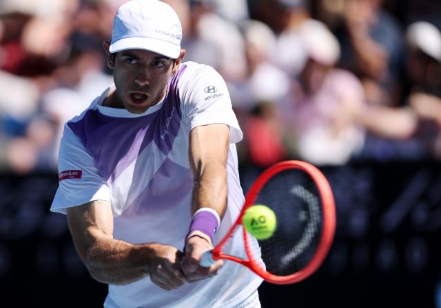 (260123) -- MELBOURNE, Jan. 23, 2026 (Xinhua) -- Nuno Borges of Portugal hits a return during the men's singles third round match against Learner Tien of the United States at the Australian Open 2026 tennis tournament in Melbourne, Australia, Jan. 23, 2026. (Xinhua/Ma Ping)