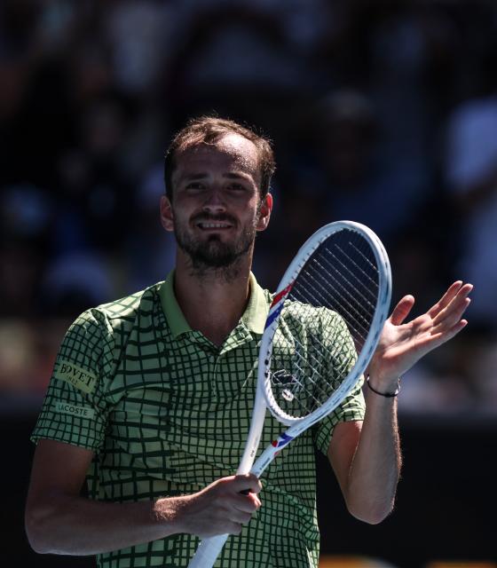 (260123) -- MELBOURNE, Jan. 23, 2026 (Xinhua) -- Daniil Medvedev of Russia celebrates after winning the men's singles 3rd round match against Fabian Marozsan of Hungary at the Australian Open tennis tournament in Melbourne, Australia, Jan. 23, 2026. (Xinhua/Ma Ping)
