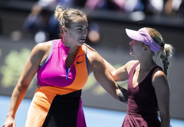 (260123) -- MELBOURNE, Jan. 23, 2026 (Xinhua) -- Aryna Sabalenka of Belarus and Anastasia Potapova of Austria reacts during the women's singles 3rd round match between Aryna Sabalenka of Belarus and Anastasia Potapova of Austria at the Australian Open tennis tournament in Melbourne, Australia, Jan. 23, 2026. (Photo by Hu Jingchen/Xinhua)