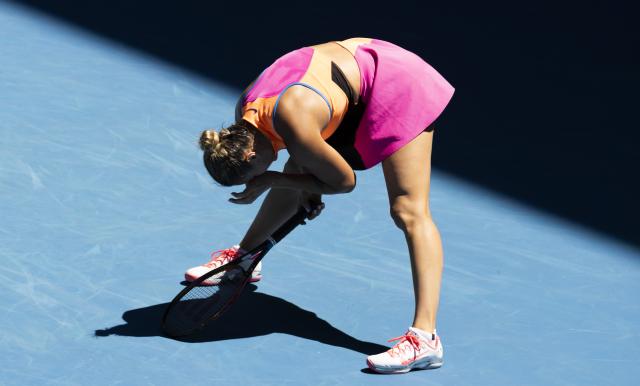 (260123) -- MELBOURNE, Jan. 23, 2026 (Xinhua) -- Aryna Sabalenka of Belarus reacts during the women's singles 3rd round match against Anastasia Potapova of Austria at the Australian Open tennis tournament in Melbourne, Australia, Jan. 23, 2026. (Photo by Hu Jingchen/Xinhua)