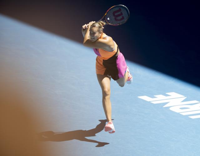 (260123) -- MELBOURNE, Jan. 23, 2026 (Xinhua) -- Aryna Sabalenka of Belarus reacts during the women's singles 3rd round match against Anastasia Potapova of Austria at the Australian Open tennis tournament in Melbourne, Australia, Jan. 23, 2026. (Photo by Hu Jingchen/Xinhua)