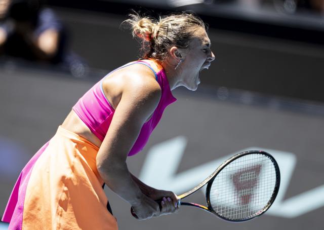 (260123) -- MELBOURNE, Jan. 23, 2026 (Xinhua) -- Aryna Sabalenka of Belarus celebrates scoring during the women's singles 3rd round match against Anastasia Potapova of Austria at the Australian Open tennis tournament in Melbourne, Australia, Jan. 23, 2026. (Photo by Hu Jingchen/Xinhua)