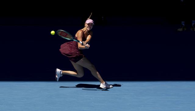 (260123) -- MELBOURNE, Jan. 23, 2026 (Xinhua) -- Anastasia Potapova of Austria hits a return during the women's singles 3rd round match against Aryna Sabalenka of Belarus at the Australian Open tennis tournament in Melbourne, Australia, Jan. 23, 2026. (Photo by Hu Jingchen/Xinhua)