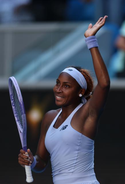 (260123) -- MELBOURNE, Jan. 23, 2026 (Xinhua) -- Coco Gauff of the United States celebrates after winning the women's singles 3rd round match against Hailey Baptiste of the United States at the Australian Open tennis tournament in Melbourne, Australia, Jan. 23, 2026. (Xinhua/Ma Ping)