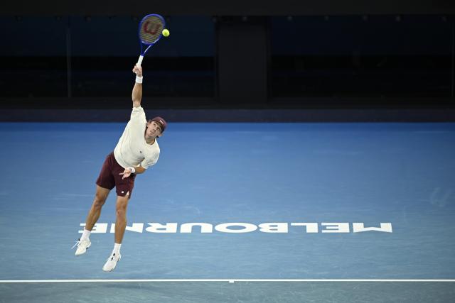 (260123) -- MELBOURNE, Jan. 23, 2026 (Xinhua) -- Alex de Minaur serves during the men's singles 3rd round match between Alex de Minaur of Australia and Frances Tiafoe of the United States at the Australian Open tennis tournament in Melbourne, Australia, Jan. 23, 2026. (Photo by Wang Shen/Xinhua)
