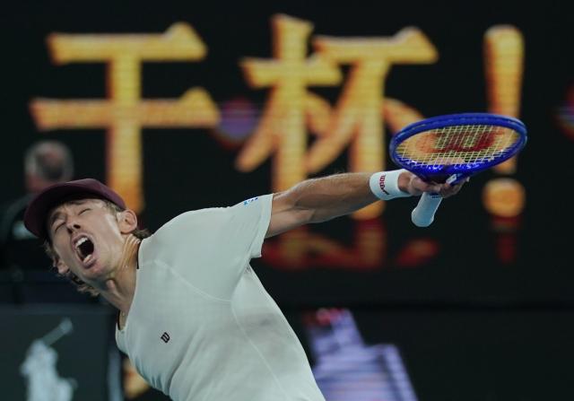 (260123) -- MELBOURNE, Jan. 23, 2026 (Xinhua) -- Alex de Minaur celebrates winning the men's singles 3rd round match between Alex de Minaur of Australia and Frances Tiafoe of the United States at the Australian Open tennis tournament in Melbourne, Australia, Jan. 23, 2026. (Photo by Wang Shen/Xinhua)