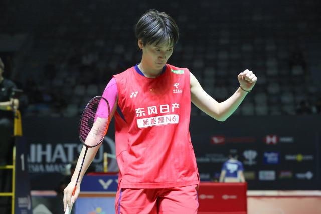 (260123) -- JAKARTA, Jan. 23, 2026 (Xinhua) -- Chen Yufei of China celebrates scoring during the women's singles quarterfinal match between Chen Yufei of China and Pusarla V. Sindhu of India at the Indonesia Masters 2026 badminton tournament in Jakarta, Indonesia, Jan. 23, 2026. (Xinhua/Cen Yunpeng)