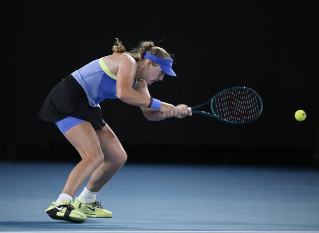 (260123) -- MELBOURNE, Jan. 23, 2026 (Xinhua) -- Mirra Andreeva hits a return during the women's singles 3rd round match between Elena-Gabriela Ruse of Romania and Mirra Andreeva of Russia at the Australian Open tennis tournament in Melbourne, Australia, Jan. 23, 2026. (Photo by Wang Shen/Xinhua)