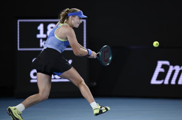 (260123) -- MELBOURNE, Jan. 23, 2026 (Xinhua) -- Mirra Andreeva hits a return during the women's singles 3rd round match between Elena-Gabriela Ruse of Romania and Mirra Andreeva of Russia at the Australian Open tennis tournament in Melbourne, Australia, Jan. 23, 2026. (Photo by Wang Shen/Xinhua)