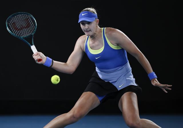 (260123) -- MELBOURNE, Jan. 23, 2026 (Xinhua) -- Mirra Andreeva hits a return during the women's singles 3rd round match between Elena-Gabriela Ruse of Romania and Mirra Andreeva of Russia at the Australian Open tennis tournament in Melbourne, Australia, Jan. 23, 2026. (Photo by Wang Shen/Xinhua)