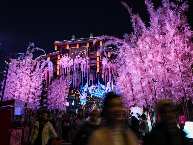 (260123) -- ZIGONG, Jan. 23, 2026 (Xinhua) -- Tourists visit the 32nd Zigong International Dinosaur Lantern Show in Zigong, southwest China's Sichuan Province, Jan. 23, 2026. All lanterns displayed at the show were lit up on Friday evening. This year's show features 11  groups of large light sets and more than 200 groups of small and medium-sized light sets. (Xinhua/Wang Xi)