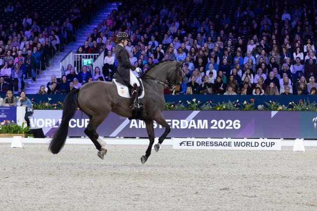 (260124) -- AMSTERDAM, Jan. 24, 2026 (Xinhua) -- Becky Moody of Britain rides her horse during the Federation Equestre International (FEI) Dressage World Cup at Jumping Amsterdam 2026 in Amsterdam, the Netherlands, Jan. 23, 2026. The 65th edition of Jumping Amsterdam, one of Europe's premier equestrian events, took place from Jan. 22 to 25 at the RAI Amsterdam Convention Centre. (Photo by Sylvia Lederer/Xinhua)
