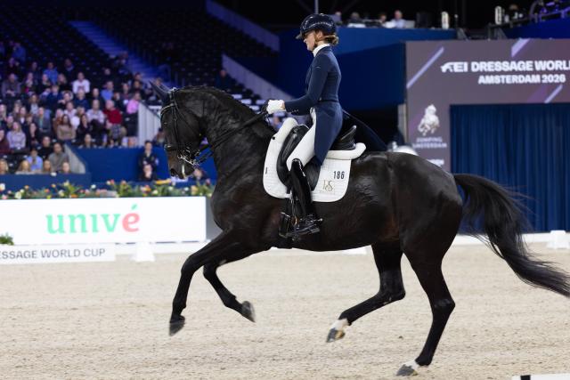 (260124) -- AMSTERDAM, Jan. 24, 2026 (Xinhua) -- Marieke van de Putten of the Netherlands rides her horse during the Federation Equestre International (FEI) Dressage World Cup at Jumping Amsterdam 2026 in Amsterdam, the Netherlands, Jan. 23, 2026. The 65th edition of Jumping Amsterdam, one of Europe's premier equestrian events, took place from Jan. 22 to 25 at the RAI Amsterdam Convention Centre. (Photo by Sylvia Lederer/Xinhua)