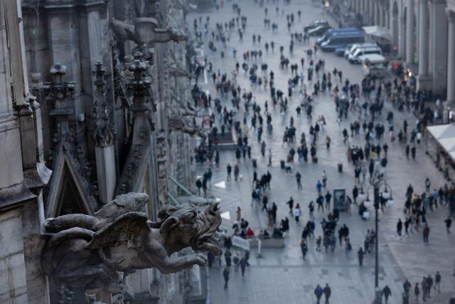 (260124) -- MILAN, Jan. 24, 2026 (Xinhua) -- This photo taken on Feb. 20, 2024 shows a street view from the Milan Cathedral in Milan, Italy. The 2026 Milan-Cortina Olympic Winter Games will run from February 6 to 22. (Xinhua/Li Jing)
