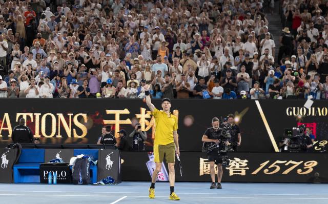 (260124) -- MELBOURNE, Jan. 24, 2026 (Xinhua) -- Jannik Sinner of Italy reacts after winning the men's singles 3rd round match between Jannik Sinner of Italy and Eliot Spizzirri of the United States at the Australian Open tennis tournament in Melbourne, Australia, Jan. 24, 2026. (Photo by Hu Jingchen/Xinhua)