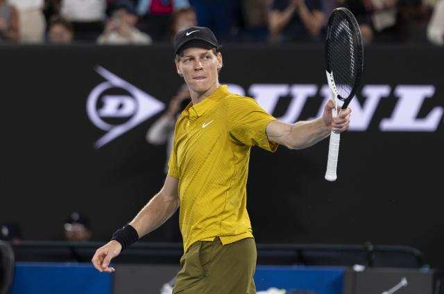 (260124) -- MELBOURNE, Jan. 24, 2026 (Xinhua) -- Jannik Sinner of Italy reacts after winning the men's singles 3rd round match between Jannik Sinner of Italy and Eliot Spizzirri of the United States at the Australian Open tennis tournament in Melbourne, Australia, Jan. 24, 2026. (Photo by Hu Jingchen/Xinhua)