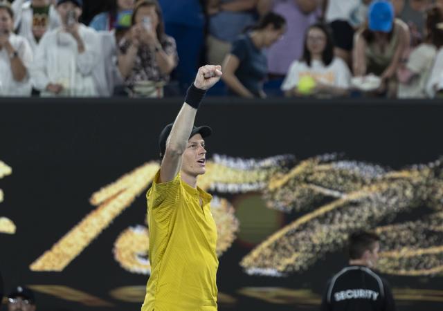 (260124) -- MELBOURNE, Jan. 24, 2026 (Xinhua) -- Jannik Sinner of Italy reacts after winning the men's singles 3rd round match between Jannik Sinner of Italy and Eliot Spizzirri of the United States at the Australian Open tennis tournament in Melbourne, Australia, Jan. 24, 2026. (Photo by Hu Jingchen/Xinhua)