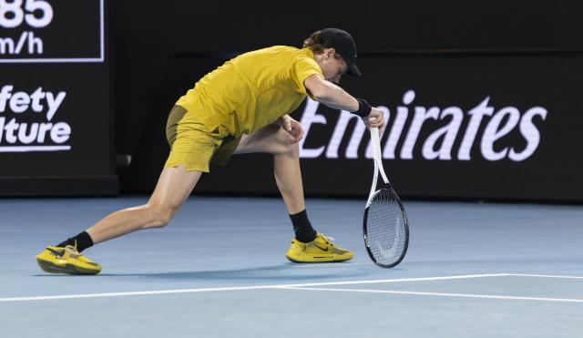 (260124) -- MELBOURNE, Jan. 24, 2026 (Xinhua) -- Jannik Sinner of Italy cramps during the men's singles 3rd round match between Jannik Sinner of Italy and Eliot Spizzirri of the United States at the Australian Open tennis tournament in Melbourne, Australia, Jan. 24, 2026. (Photo by Hu Jingchen/Xinhua)