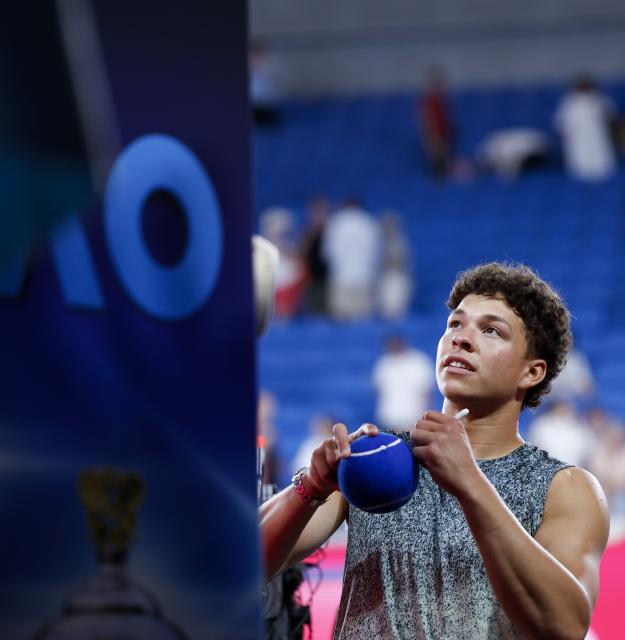 (260124) -- MELBOURNE, Jan. 24, 2026 (Xinhua) -- Ben Shelton of the United States interacts with the audience after winning the men's singles 3rd round match against Valentin Vacherot of Monaco at the Australian Open 2026 tennis tournament in Melbourne, Australia, Jan. 24, 2026. (Xinhua/Ma Ping)
