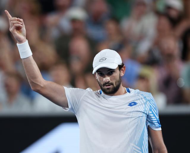 (260124) -- MELBOURNE, Jan. 24, 2026 (Xinhua) -- Valentin Vacherot of Monaco celebrates after scoring during the men's singles 3rd round match against Ben Shelton of the United States at the Australian Open 2026 tennis tournament in Melbourne, Australia, Jan. 24, 2026. (Xinhua/Ma Ping)