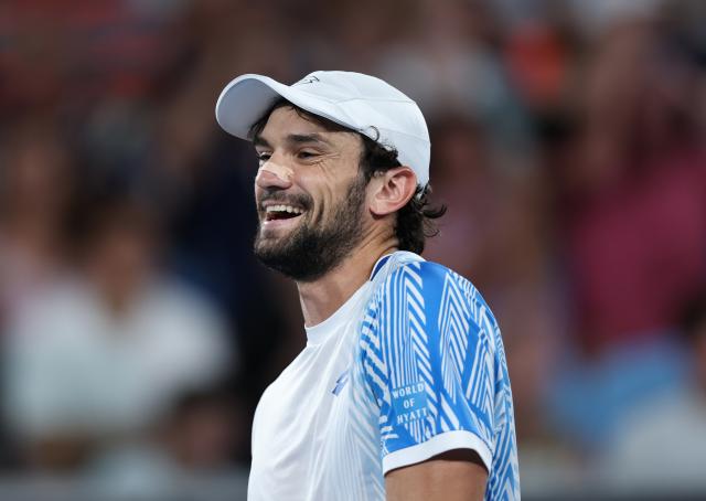 (260124) -- MELBOURNE, Jan. 24, 2026 (Xinhua) -- Valentin Vacherot of Monaco reacts during the men's singles 3rd round match against Ben Shelton of the United States at the Australian Open 2026 tennis tournament in Melbourne, Australia, Jan. 24, 2026. (Xinhua/Ma Ping)