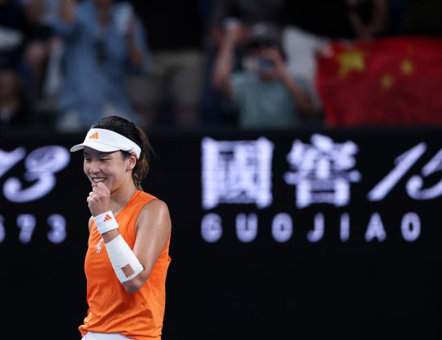 (260124) -- MELBOURNE, Jan. 24, 2026 (Xinhua) -- Wang Xinyu celebrates scoring during the women's singles 3rd round match between Wang Xinyu of China and Linda Noskova of the Czech Republic at the Australian Open 2026 tennis tournament in Melbourne, Australia, Jan. 24, 2026. (Xinhua/Ma Ping)