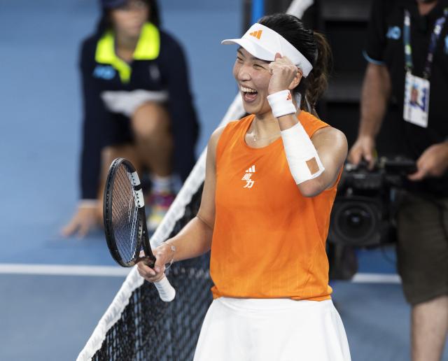 (260124) -- MELBOURNE, Jan. 24, 2026 (Xinhua) -- Wang Xinyu celebrates winning the women's singles 3rd round match between Wang Xinyu of China and Linda Noskova of the Czech Republic at the Australian Open 2026 tennis tournament in Melbourne, Australia, Jan. 24, 2026. (Photo by Hu Jingchen/Xinhua)