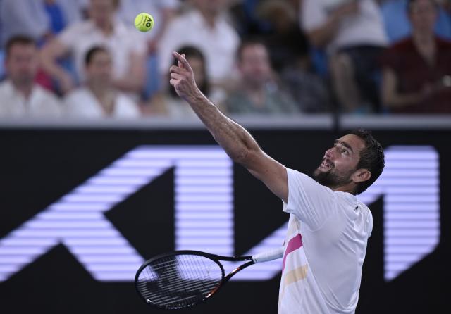 (260124) -- MELBOURNE, Jan. 24, 2026 (Xinhua) -- Marin Cilic serves during the men's singles 3rd round match between Marin Cilic of Croatia and Casper Ruud of Norway at the Australian Open tennis tournament in Melbourne, Australia, Jan. 24, 2026. (Photo by Wang Shen/Xinhua)