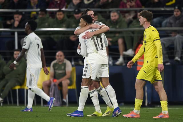 (260125) -- VILA REAL, Jan. 25, 2026 (Xinhua) -- Kylian Mbappe (C, front) of Real Madrid celebrates a goal during the La Liga Match between Villarreal and Real Madrid at Ceramica Stadium in Vila Real, Spain, on January 24, 2026. (Str/Xinhua)