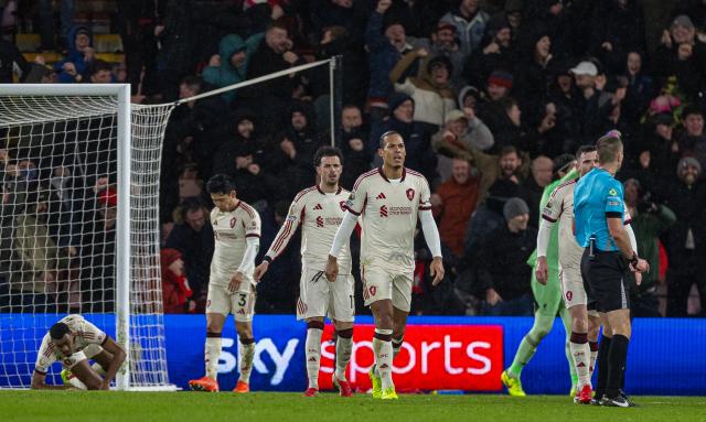 (260125) -- BOURNEMOUTH, Jan. 25, 2026 (Xinhua) -- Liverpool's players react after Bournemouth scores the winning goal in the 95th minute during the English Premier League match between Bournemouth and Liverpool in Bournemouth, Britain, on Jan. 24, 2026. (Xinhua)
FOR EDITORIAL USE ONLY. NOT FOR SALE FOR MARKETING OR ADVERTISING CAMPAIGNS. NO USE WITH UNAUTHORIZED AUDIO, VIDEO, DATA, FIXTURE LISTS, CLUB/LEAGUE LOGOS OR "LIVE" SERVICES. ONLINE IN-MATCH USE LIMITED TO 45 IMAGES, NO VIDEO EMULATION. NO USE IN BETTING, GAMES OR SINGLE CLUB/LEAGUE/PLAYER PUBLICATIONS.