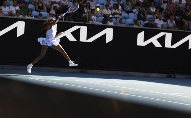 (260125) -- MELBOURNE, Jan. 25, 2026 (Xinhua) -- Coco Gauff hits a return during the women's singles 4th round match between Coco Gauff of the United States and Karolina Muchova of the Czech Republic at the Australian Open tennis tournament in Melbourne, Australia, Jan. 25, 2026. (Photo by Hu Jingchen/Xinhua)