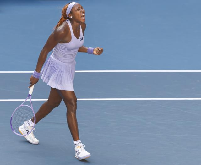 (260125) -- MELBOURNE, Jan. 25, 2026 (Xinhua) -- Coco Gauff celebrates winning the women's singles 4th round match between Coco Gauff of the United States and Karolina Muchova of the Czech Republic at the Australian Open tennis tournament in Melbourne, Australia, Jan. 25, 2026. (Photo by Hu Jingchen/Xinhua)