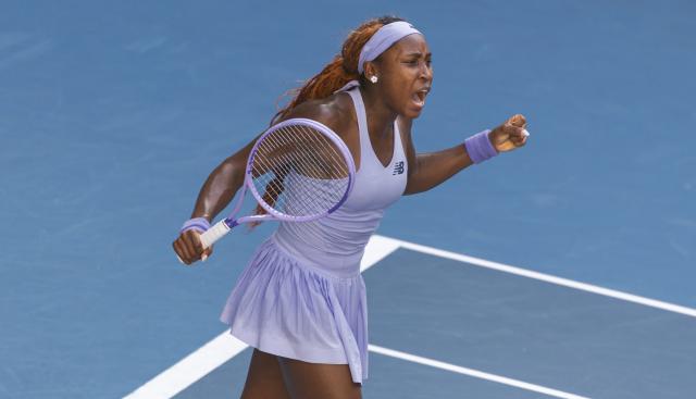 (260125) -- MELBOURNE, Jan. 25, 2026 (Xinhua) -- Coco Gauff celebrates winning the women's singles 4th round match between Coco Gauff of the United States and Karolina Muchova of the Czech Republic at the Australian Open tennis tournament in Melbourne, Australia, Jan. 25, 2026. (Photo by Hu Jingchen/Xinhua)